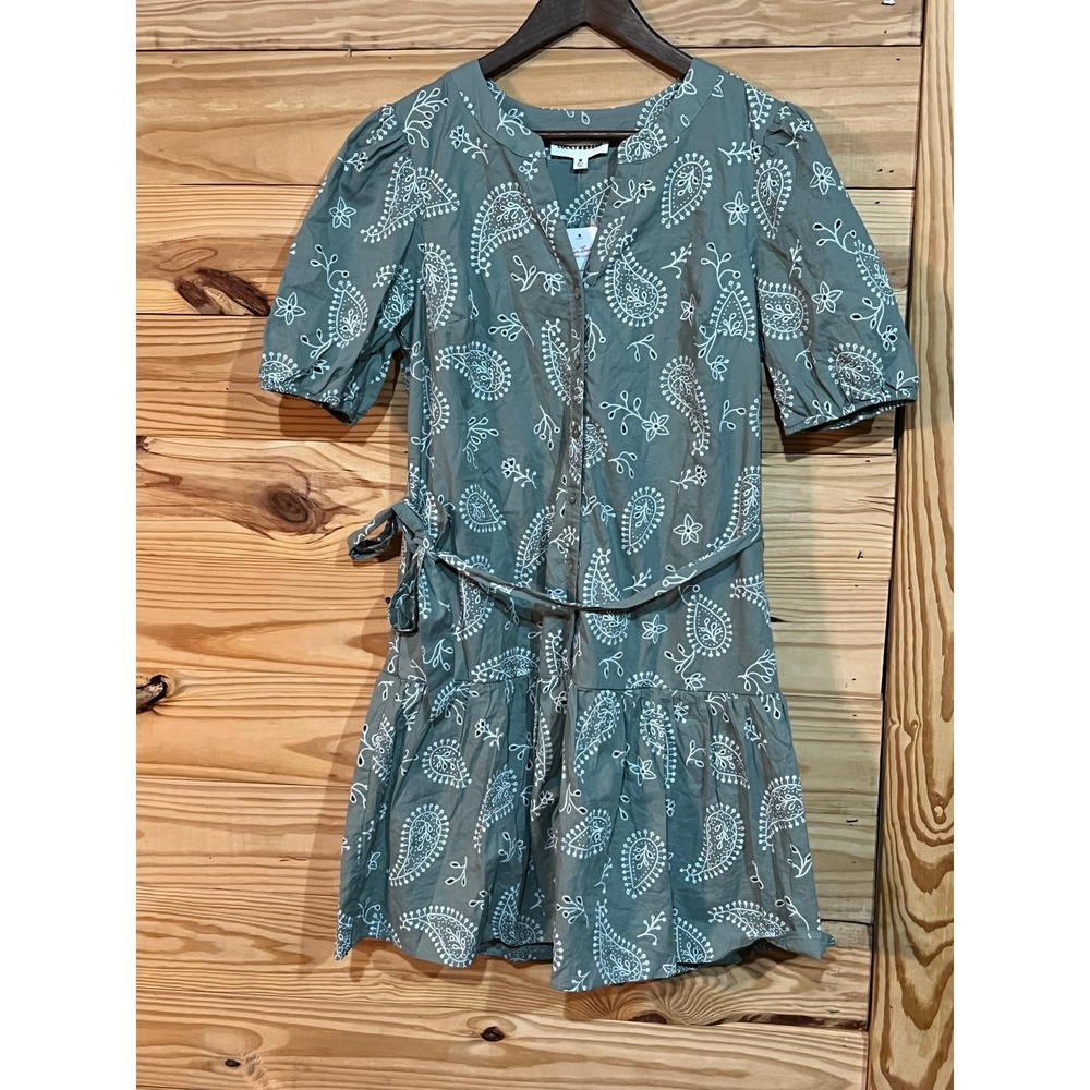 Lucky Brand Sage Green Paisley Knee Length Puff Sleeve Dress Boho Cottage Medium